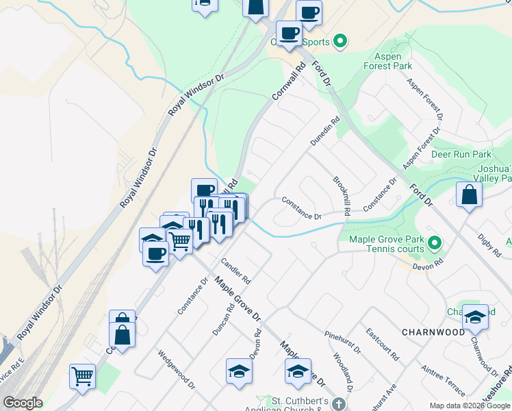 map of restaurants, bars, coffee shops, grocery stores, and more near 2103 Constance Drive in Oakville