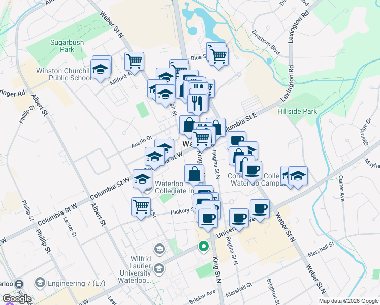 map of restaurants, bars, coffee shops, grocery stores, and more near 7 Columbia Street West in Waterloo