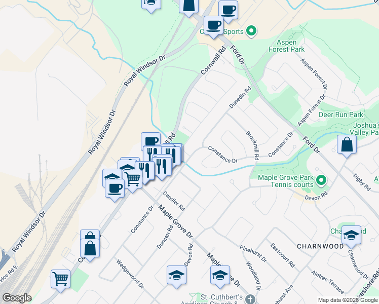 map of restaurants, bars, coffee shops, grocery stores, and more near 2103 Constance Drive in Oakville