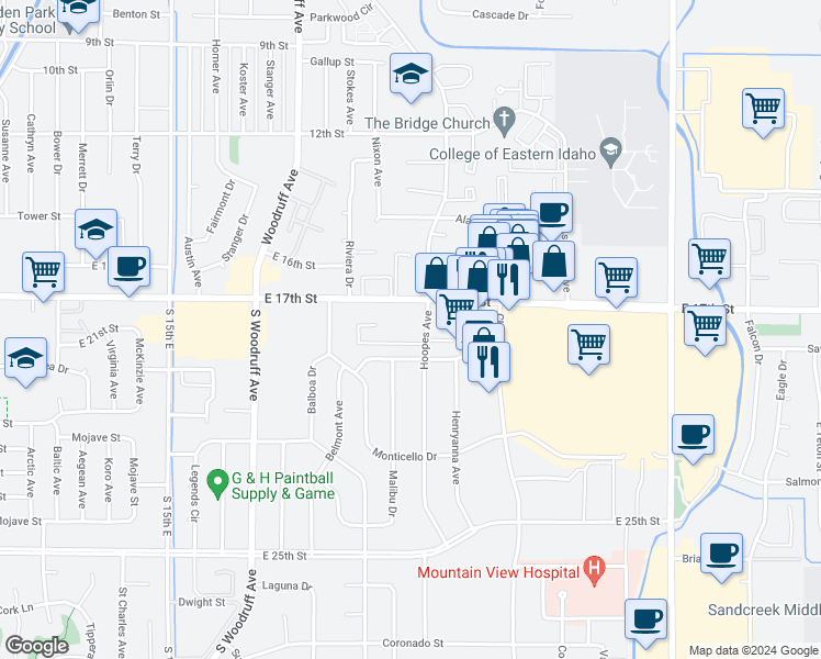 map of restaurants, bars, coffee shops, grocery stores, and more near 1794 Hoopes Avenue in Idaho Falls