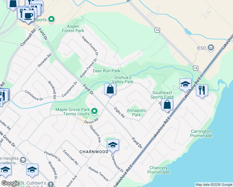 map of restaurants, bars, coffee shops, grocery stores, and more near 2285 Devon Road in Oakville