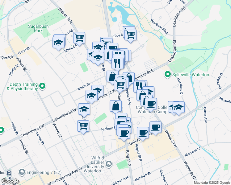 map of restaurants, bars, coffee shops, grocery stores, and more near in Waterloo
