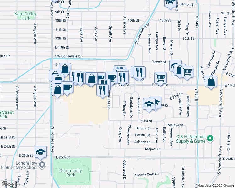 map of restaurants, bars, coffee shops, grocery stores, and more near 900 East 17th Street in Idaho Falls