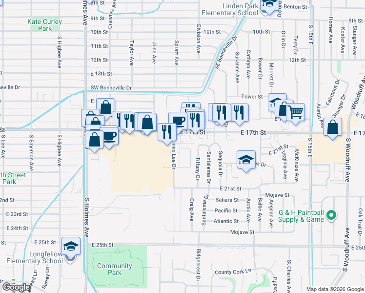 map of restaurants, bars, coffee shops, grocery stores, and more near 900 East 17th Street in Idaho Falls