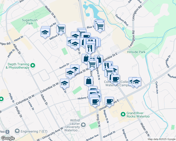 map of restaurants, bars, coffee shops, grocery stores, and more near 366 King Street North in Waterloo