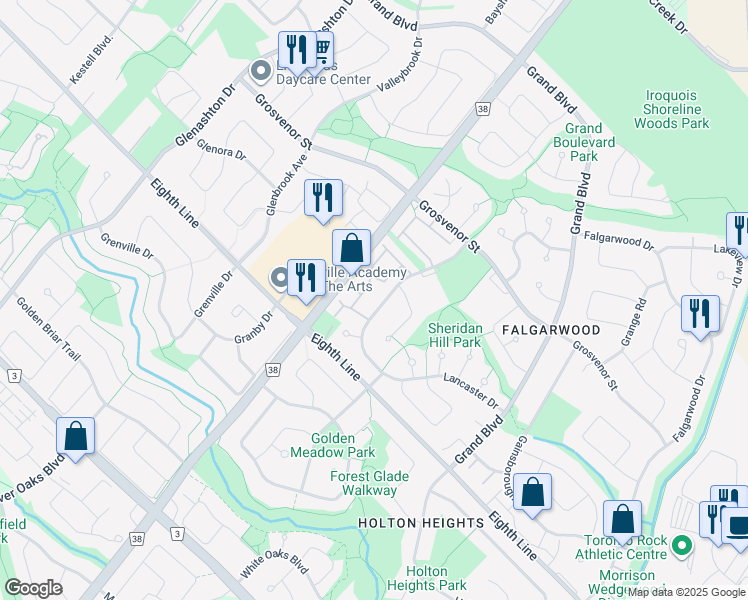 map of restaurants, bars, coffee shops, grocery stores, and more near 1532 Lancaster Drive in Oakville