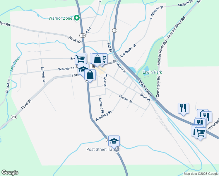 map of restaurants, bars, coffee shops, grocery stores, and more near 104 Charles Street in Boonville
