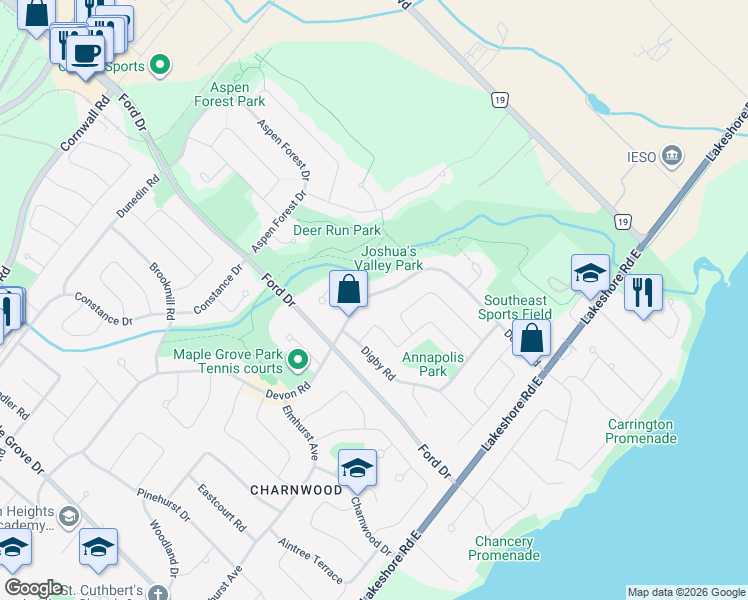 map of restaurants, bars, coffee shops, grocery stores, and more near 2285 Devon Road in Oakville