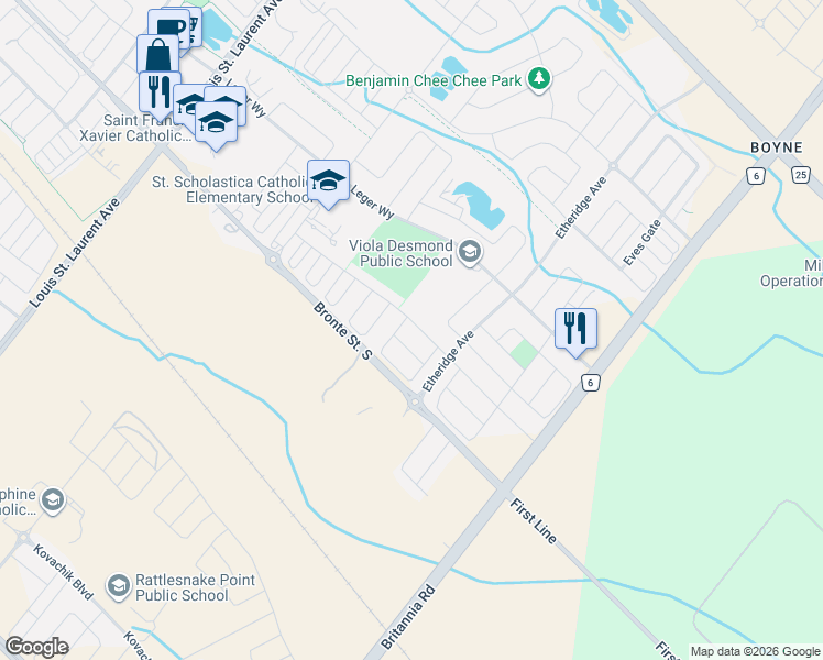 map of restaurants, bars, coffee shops, grocery stores, and more near 1454 Chretien Street in Milton