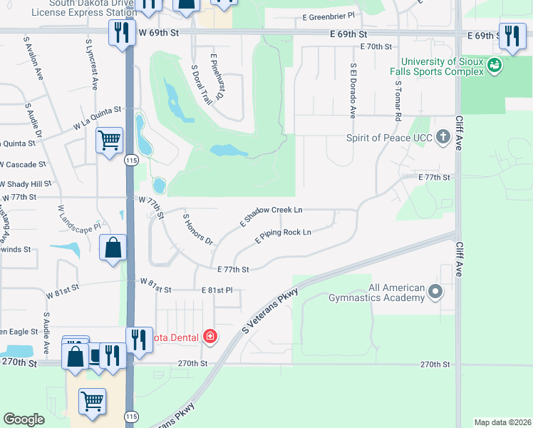 map of restaurants, bars, coffee shops, grocery stores, and more near 300-548 East Shadow Creek Lane in Sioux Falls