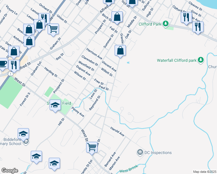 map of restaurants, bars, coffee shops, grocery stores, and more near 90 Granite Street in Biddeford