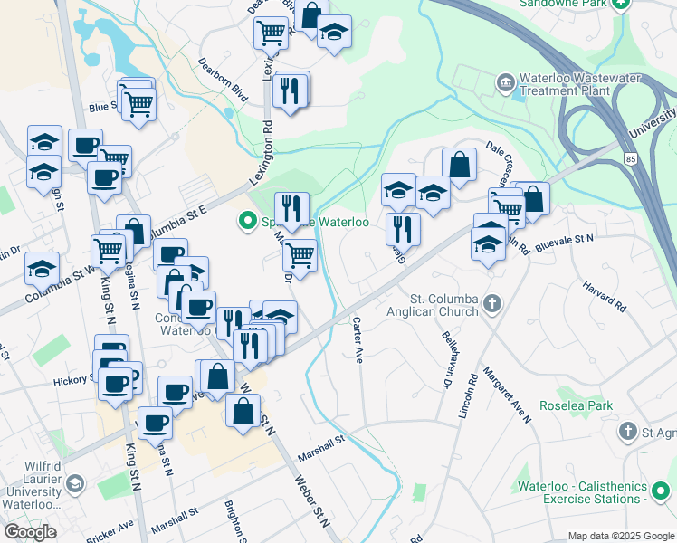 map of restaurants, bars, coffee shops, grocery stores, and more near 133 Macgregor Crescent in Waterloo