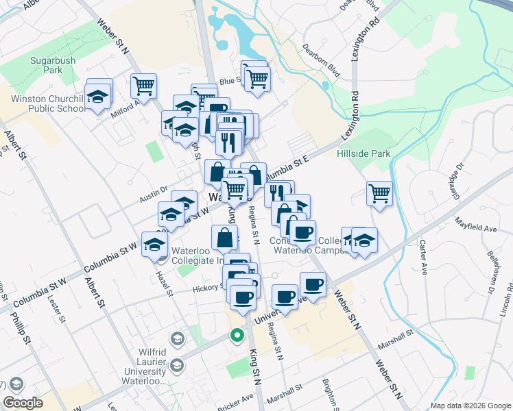 map of restaurants, bars, coffee shops, grocery stores, and more near 360 Regina Street North in Waterloo