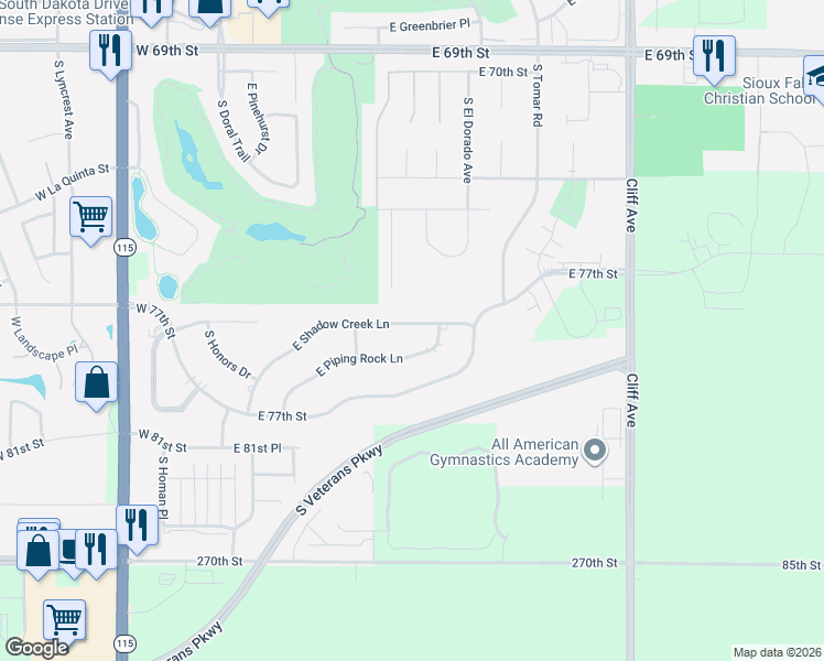 map of restaurants, bars, coffee shops, grocery stores, and more near 728 East Shadow Creek Lane in Sioux Falls