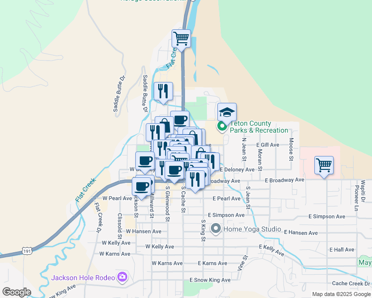 map of restaurants, bars, coffee shops, grocery stores, and more near 182 North Cache Street in Jackson