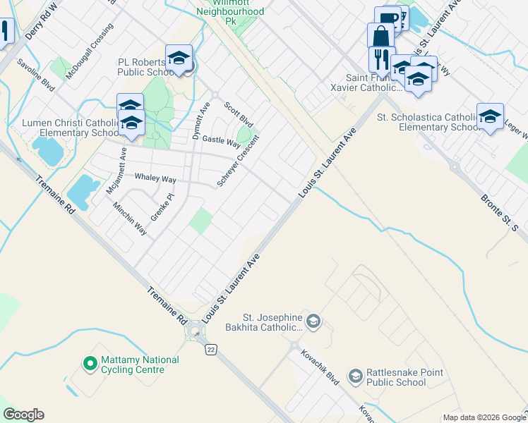 map of restaurants, bars, coffee shops, grocery stores, and more near 1174 Durno Court in Milton