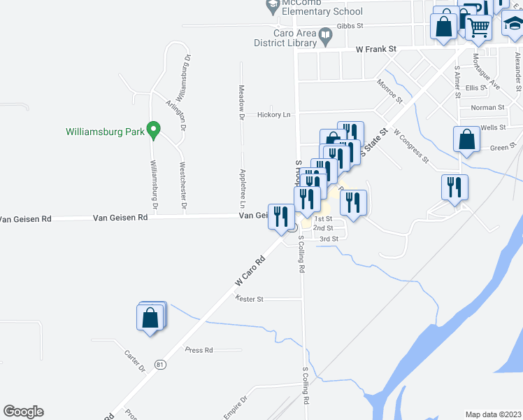 map of restaurants, bars, coffee shops, grocery stores, and more near 1556 Van Geisen Road in Caro