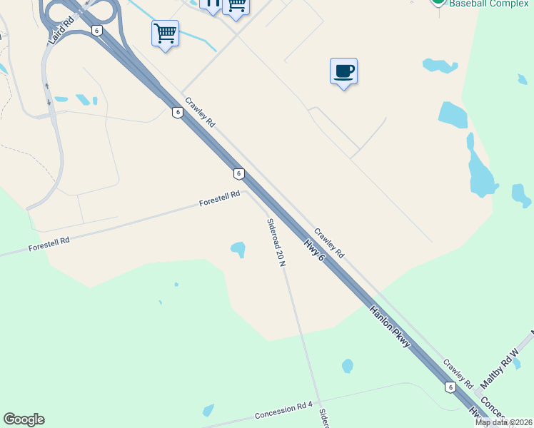 map of restaurants, bars, coffee shops, grocery stores, and more near 4670 Sideroad 20 North in Puslinch