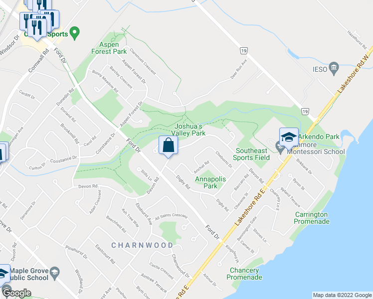 map of restaurants, bars, coffee shops, grocery stores, and more near 2296 Devon Road in Oakville