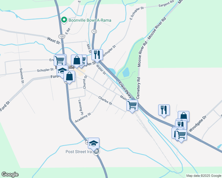 map of restaurants, bars, coffee shops, grocery stores, and more near 404 Main Street in Boonville