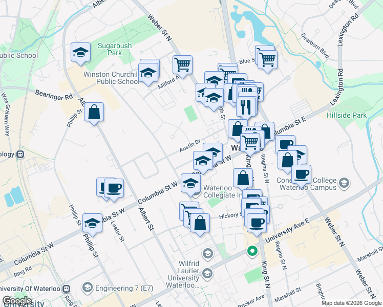 map of restaurants, bars, coffee shops, grocery stores, and more near 37 Austin Drive in Waterloo