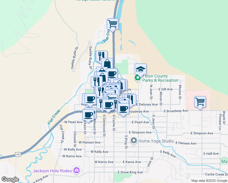 map of restaurants, bars, coffee shops, grocery stores, and more near 182 North Cache Street in Jackson