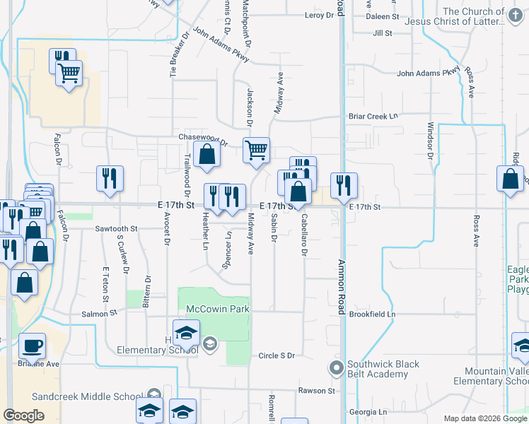 map of restaurants, bars, coffee shops, grocery stores, and more near 3255 E 17th St in Ammon