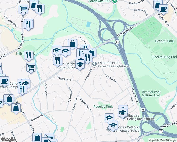 map of restaurants, bars, coffee shops, grocery stores, and more near 290 Lincoln Road in Waterloo