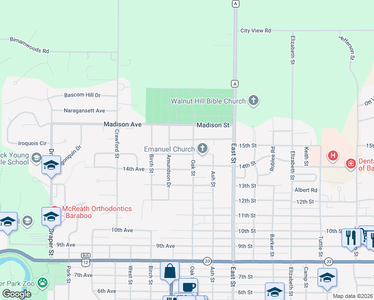 map of restaurants, bars, coffee shops, grocery stores, and more near 125 Monroe Avenue in Baraboo