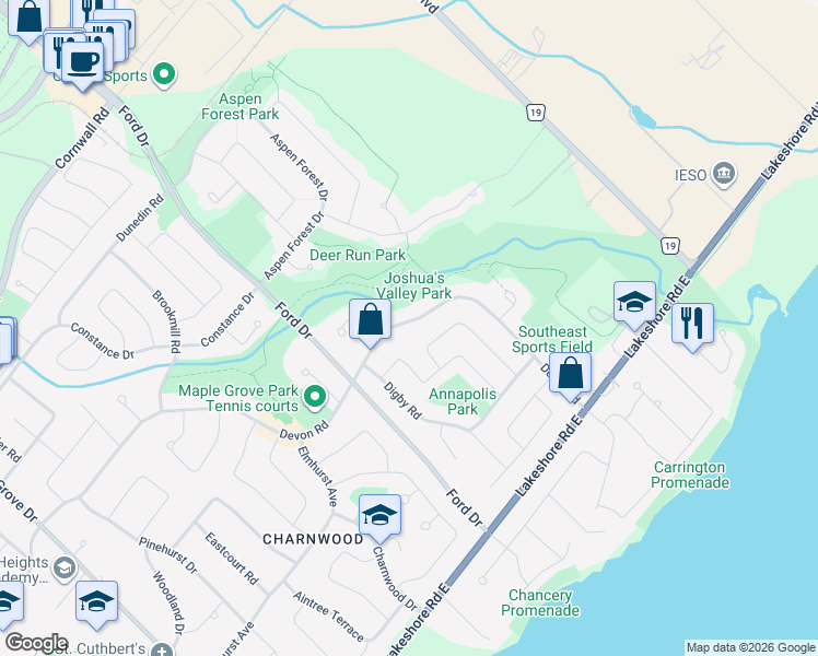 map of restaurants, bars, coffee shops, grocery stores, and more near 2285 Devon Road in Oakville