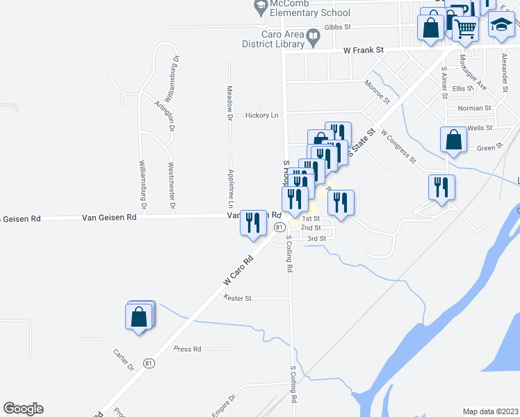 map of restaurants, bars, coffee shops, grocery stores, and more near 1544 Van Geisen Road in Caro