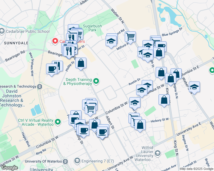 map of restaurants, bars, coffee shops, grocery stores, and more near 66 Cardill Crescent in Waterloo