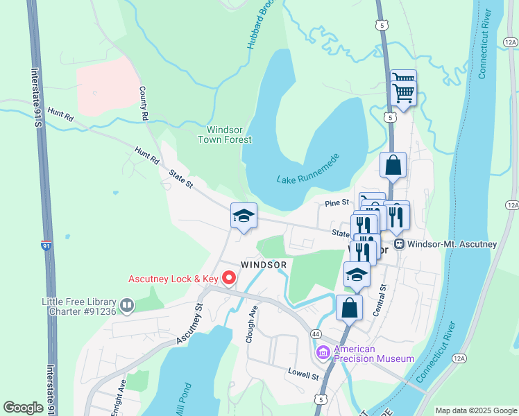 map of restaurants, bars, coffee shops, grocery stores, and more near 106 State Street in Windsor