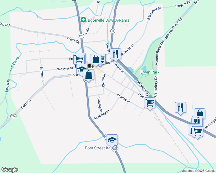 map of restaurants, bars, coffee shops, grocery stores, and more near 118 Church Street in Boonville