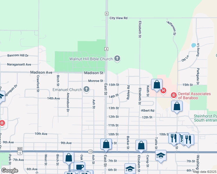 map of restaurants, bars, coffee shops, grocery stores, and more near 224 Monroe Street in Baraboo