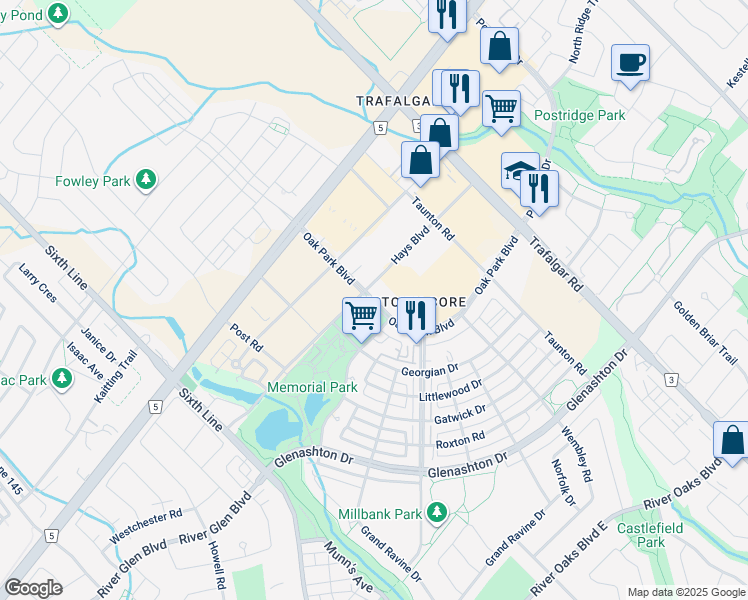 map of restaurants, bars, coffee shops, grocery stores, and more near Oak Park Boulevard in Oakville