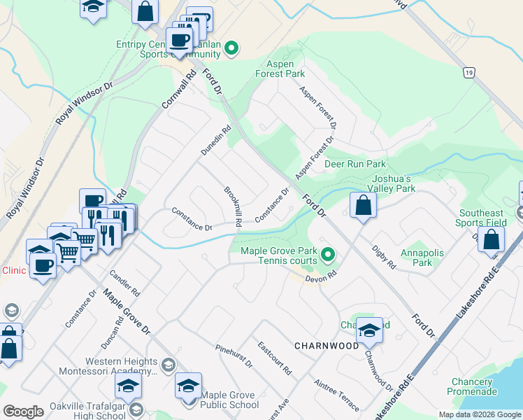 map of restaurants, bars, coffee shops, grocery stores, and more near 2253 Constance Drive in Oakville