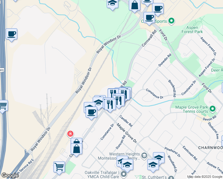 map of restaurants, bars, coffee shops, grocery stores, and more near 2061 Cornwall Road in Oakville