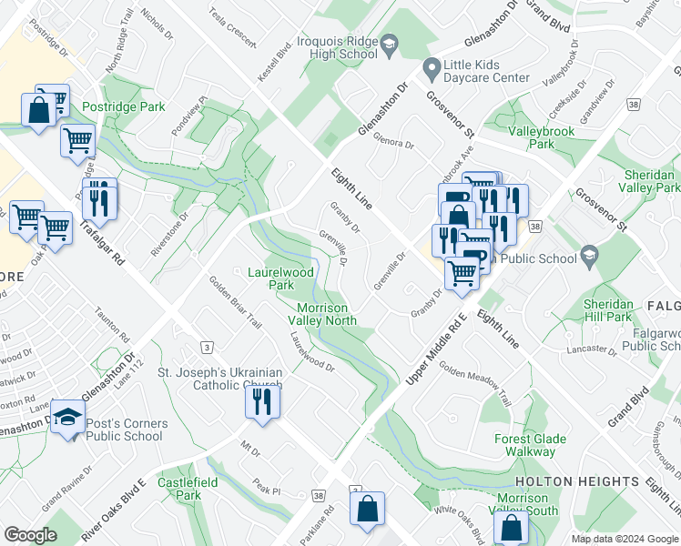 map of restaurants, bars, coffee shops, grocery stores, and more near 2134 Grenville Dr in Oakville