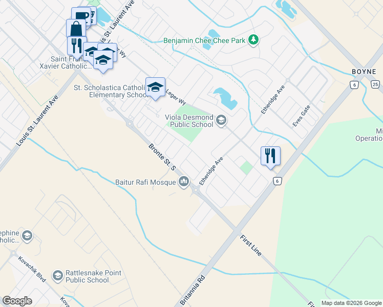 map of restaurants, bars, coffee shops, grocery stores, and more near in Milton