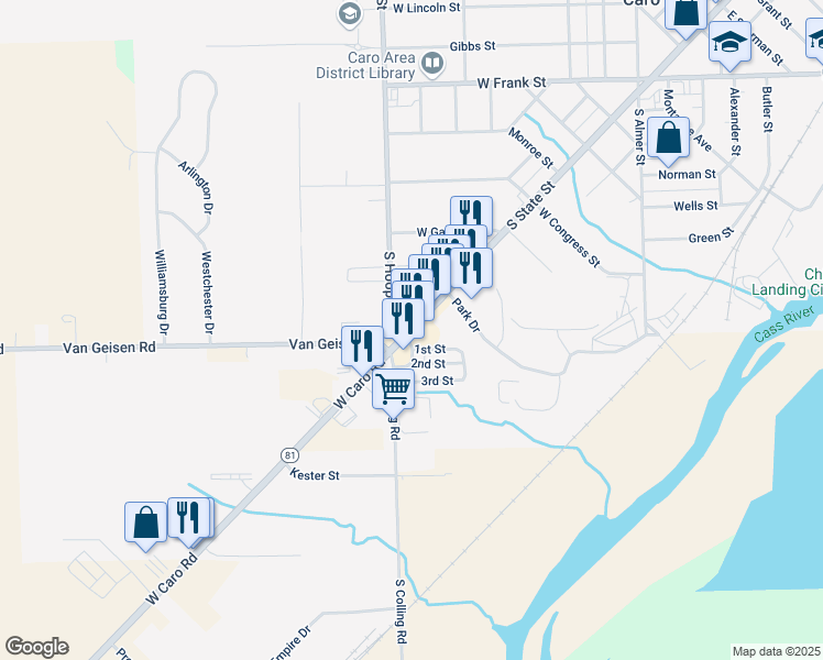 map of restaurants, bars, coffee shops, grocery stores, and more near 895 S State St in Caro