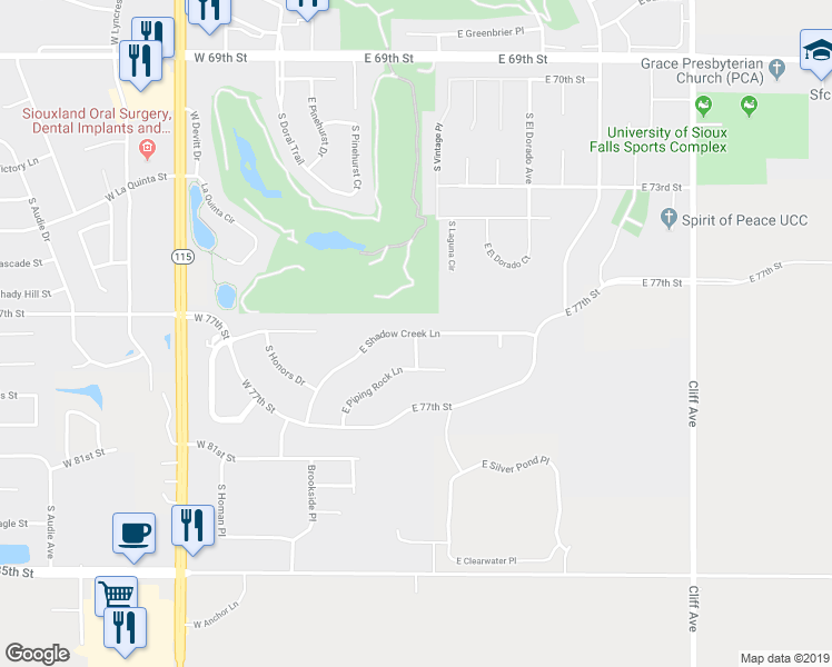 map of restaurants, bars, coffee shops, grocery stores, and more near 550 East Shadow Creek Lane in Sioux Falls
