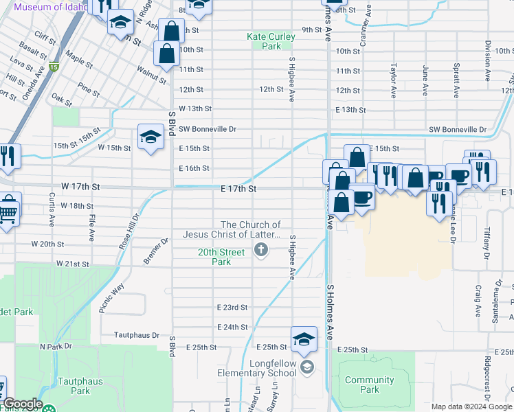 map of restaurants, bars, coffee shops, grocery stores, and more near 1754 South Emerson Avenue in Idaho Falls