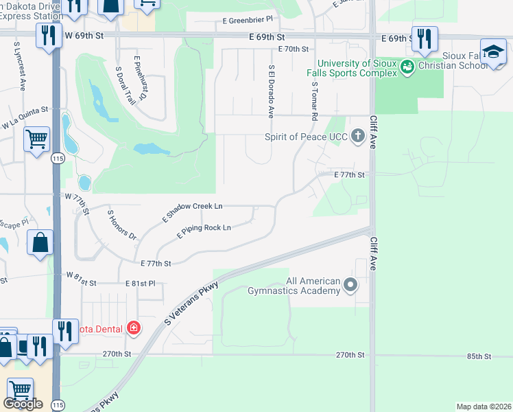 map of restaurants, bars, coffee shops, grocery stores, and more near 728 East Shadow Creek Lane in Sioux Falls