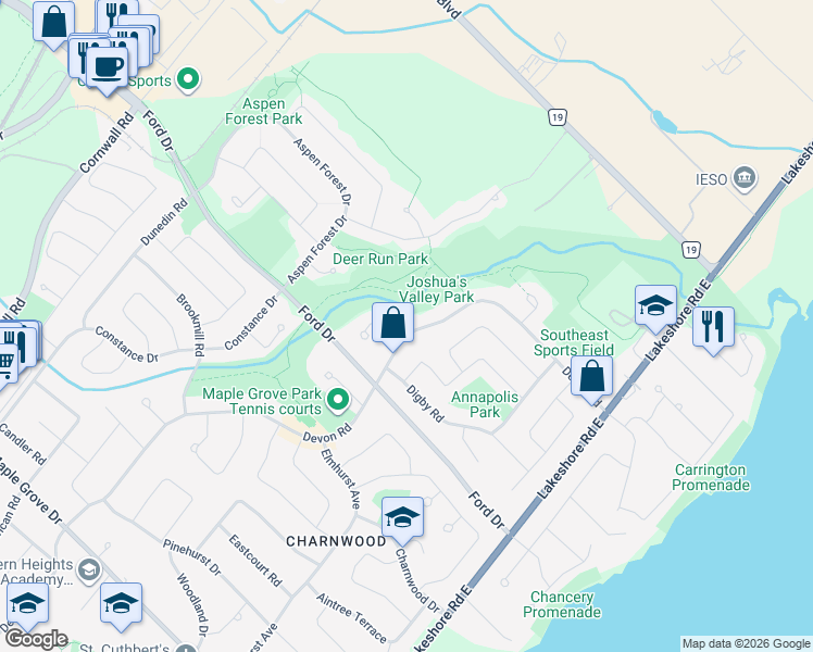 map of restaurants, bars, coffee shops, grocery stores, and more near 2281 Devon Road in Oakville