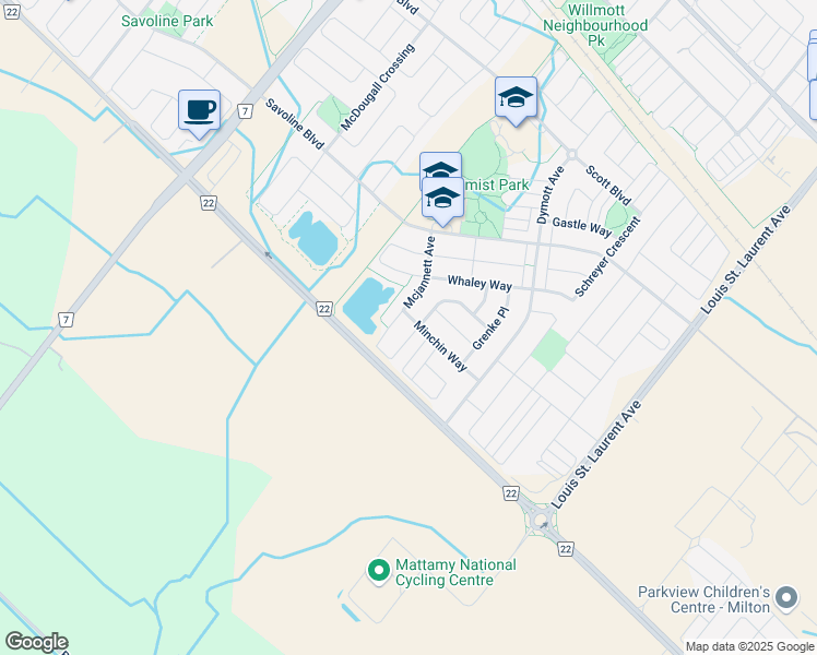 map of restaurants, bars, coffee shops, grocery stores, and more near 514 Minchin Way in Milton