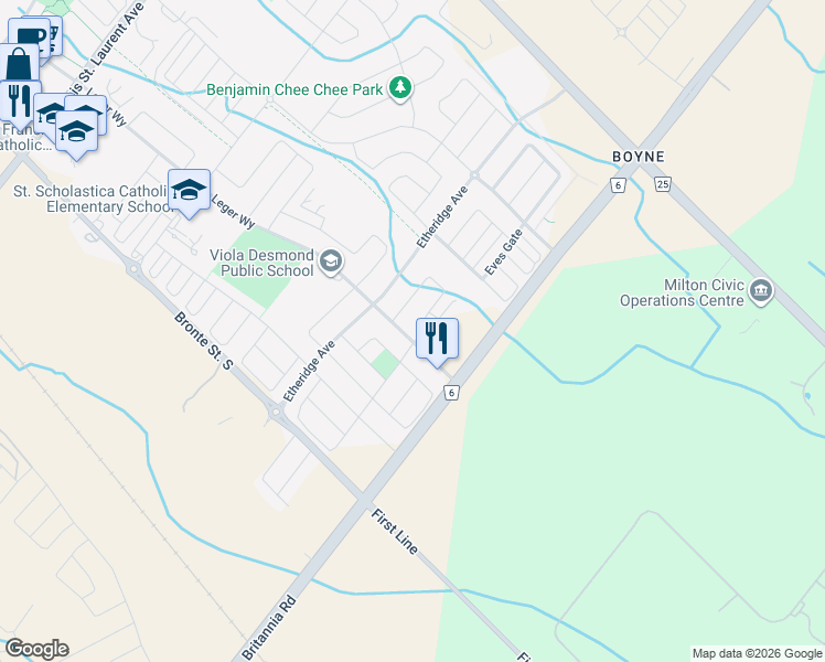 map of restaurants, bars, coffee shops, grocery stores, and more near 1543 Leger Way in Milton