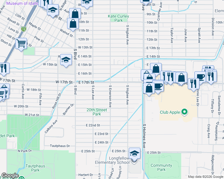 map of restaurants, bars, coffee shops, grocery stores, and more near 1754 South Emerson Avenue in Idaho Falls