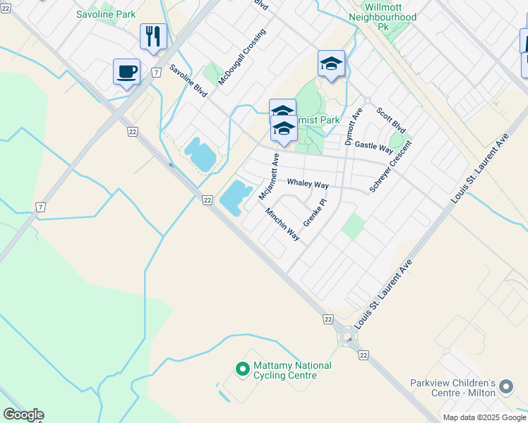 map of restaurants, bars, coffee shops, grocery stores, and more near 514 Minchin Way in Milton