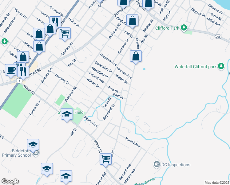 map of restaurants, bars, coffee shops, grocery stores, and more near 12 Free Street in Biddeford